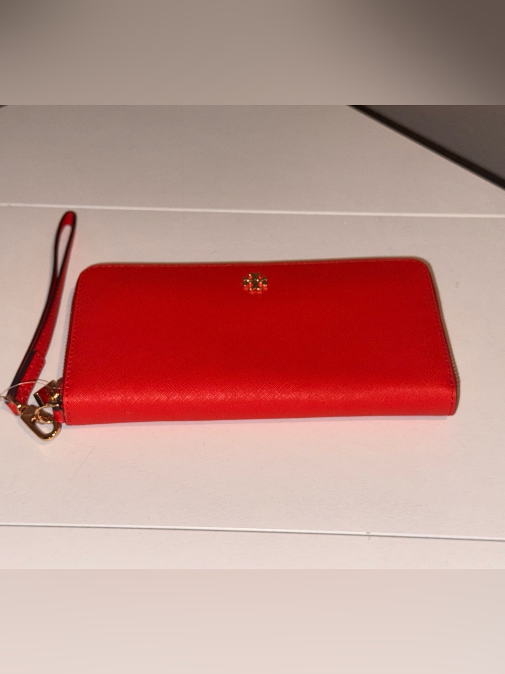 Tory Burch Bright Red Saffiano Zip Wallet with Gold Logo
